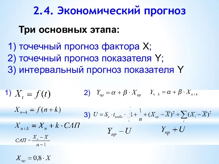 2.4. Экономический прогноз Три основных этапа: 1) точечный прогноз фактора