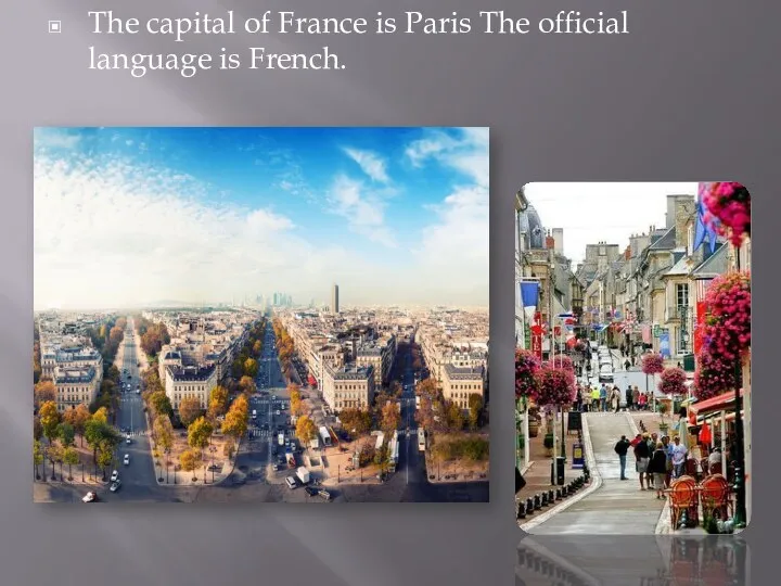The capital of France is Paris The official language is French.