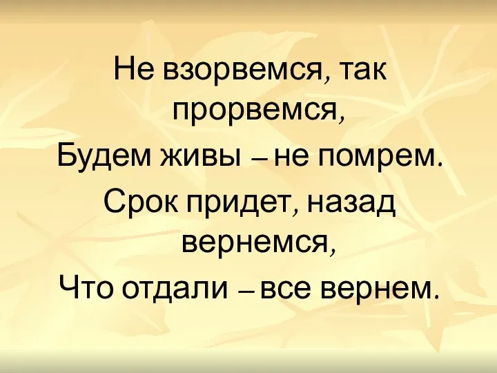 Не взорвемся, так прорвемся, Будем живы – не помрем. Срок