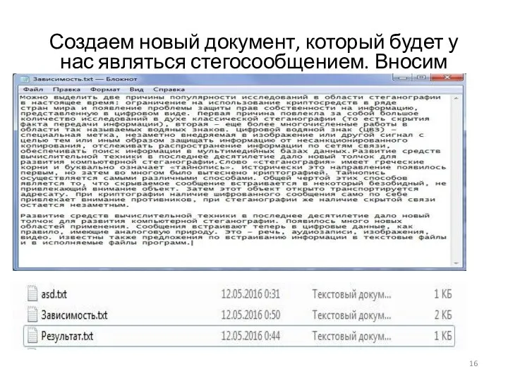 Создаем новый документ, который будет у нас являться стегосообщением. Вносим довольно большое количество информации