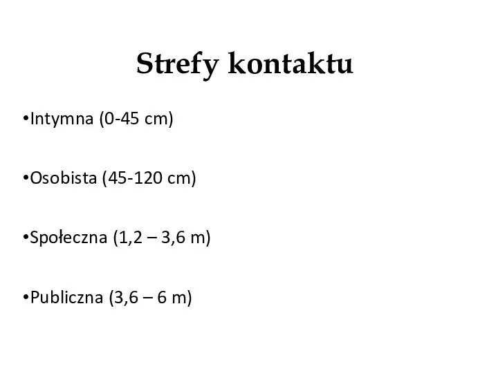 Strefy kontaktu Intymna (0-45 cm) Osobista (45-120 cm) Społeczna (1,2