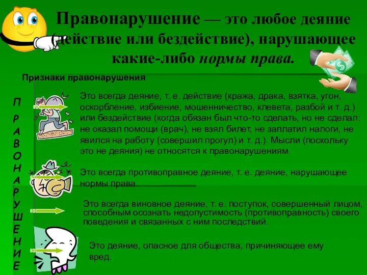 Правонарушение — это любое деяние (действие или бездействие), нарушающее какие-либо