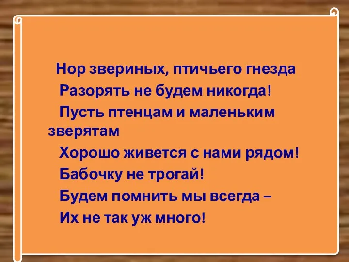 Нор звериных, птичьего гнезда Разорять не будем никогда! Пусть птенцам