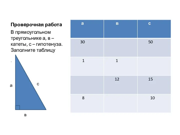 Проверочная работа В прямоугольном треугольнике а, в – катеты, с