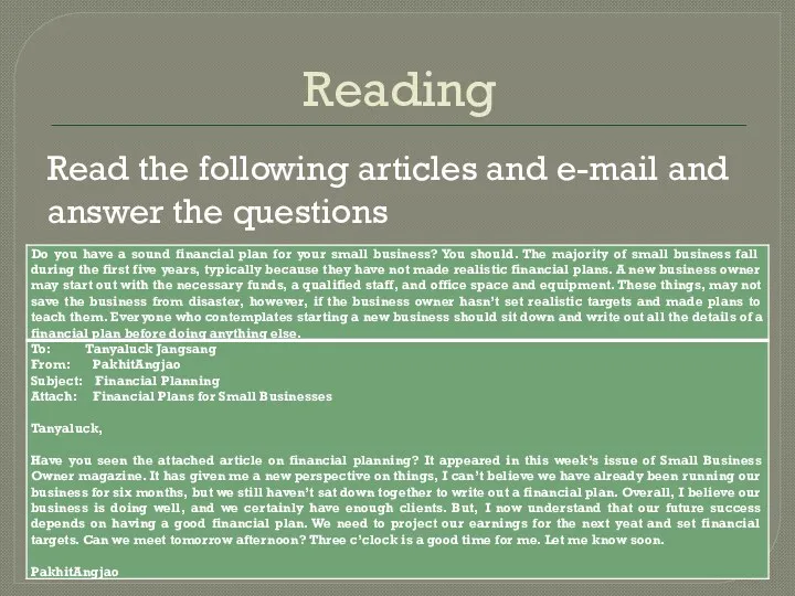 Reading Read the following articles and e-mail and answer the questions