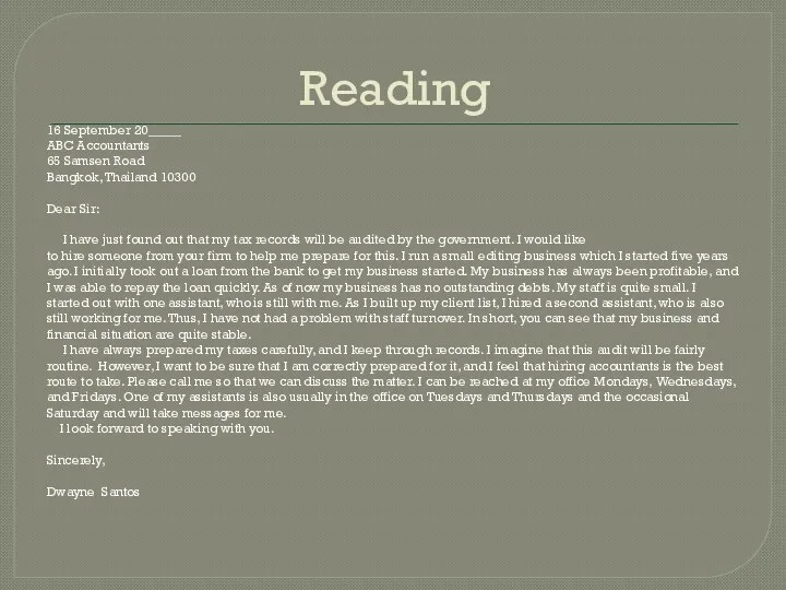 Reading 16 September 20_____ ABC Accountants 65 Samsen Road Bangkok,