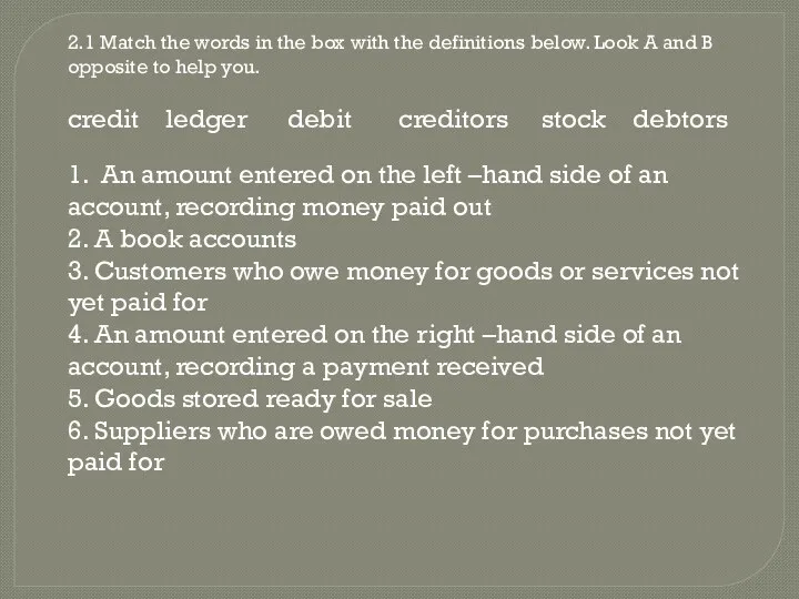 2.1 Match the words in the box with the definitions