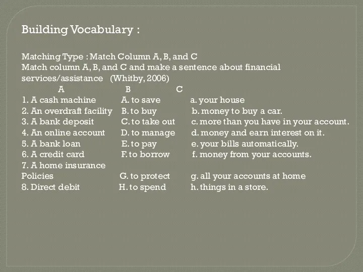 Building Vocabulary : Matching Type : Match Column A, B,