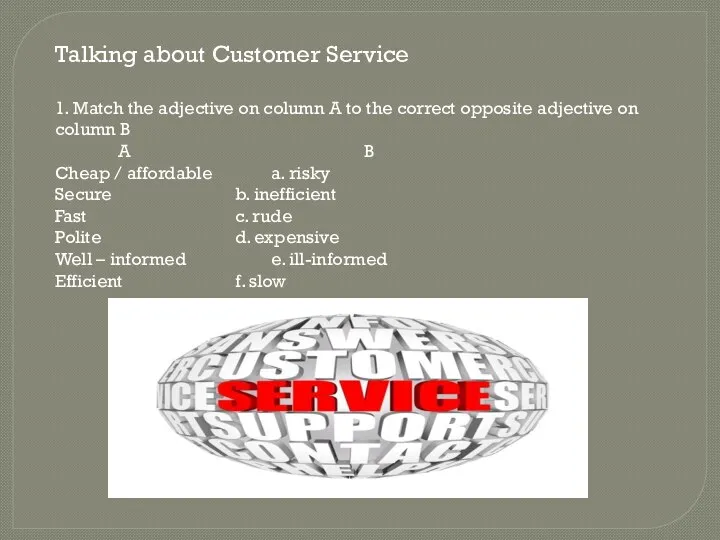 Talking about Customer Service 1. Match the adjective on column