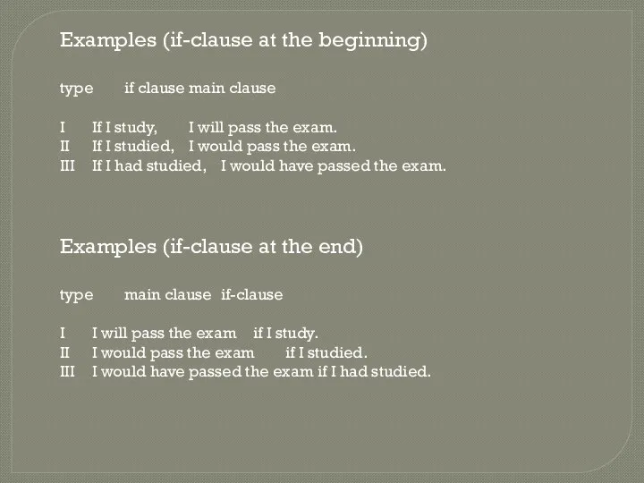 Examples (if-clause at the beginning) type if clause main clause