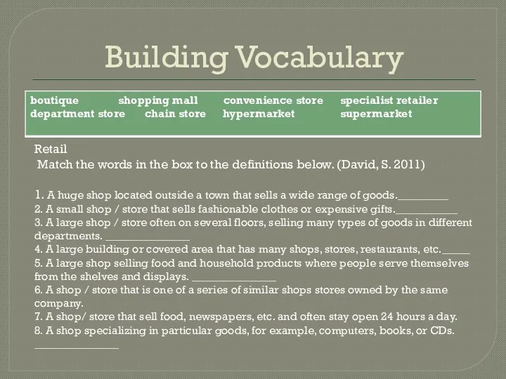 Building Vocabulary Retail Match the words in the box to