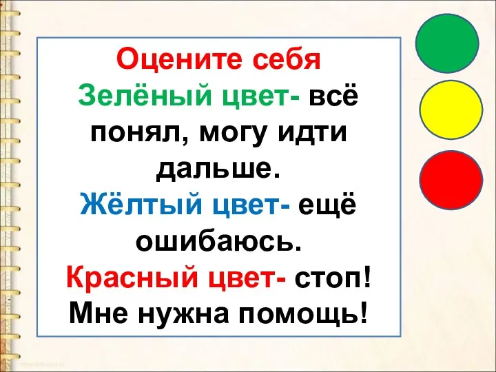 Оцените себя Зелёный цвет- всё понял, могу идти дальше. Жёлтый