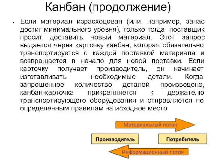 Канбан (продолжение) Если материал израсходован (или, например, запас достиг минимального