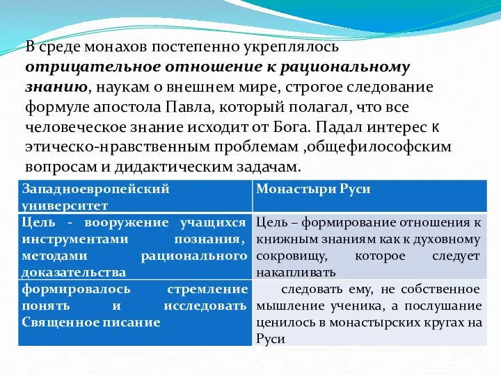 В среде монахов постепенно укреп­лялось отрицательное отношение к рациональному знанию,