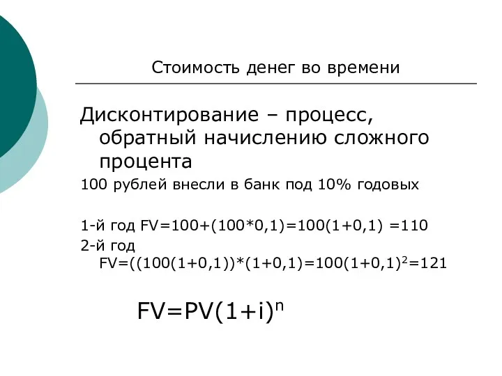 Стоимость денег во времени Дисконтирование – процесс, обратный начислению сложного