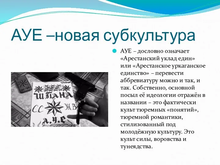 АУЕ –новая субкультура АУЕ – дословно означает «Арестанский уклад един»