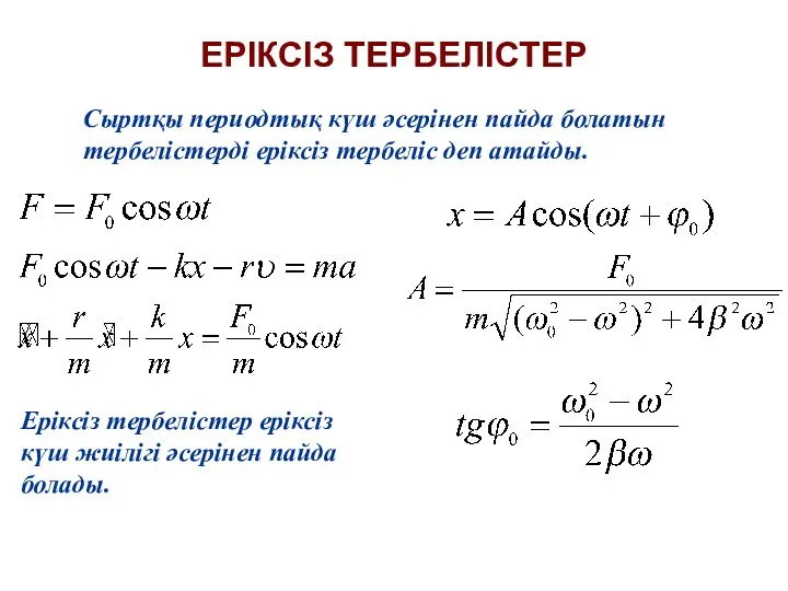 ЕРІКСІЗ ТЕРБЕЛІСТЕР Сыртқы периодтық күш әсерінен пайда болатын тербелістерді еріксіз