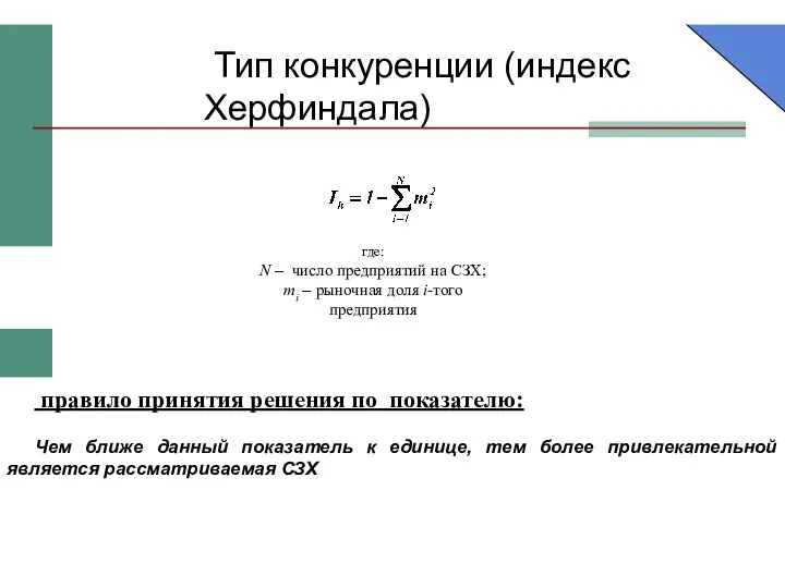 Тип конкуренции (индекс Херфиндала) правило принятия решения по показателю: Чем