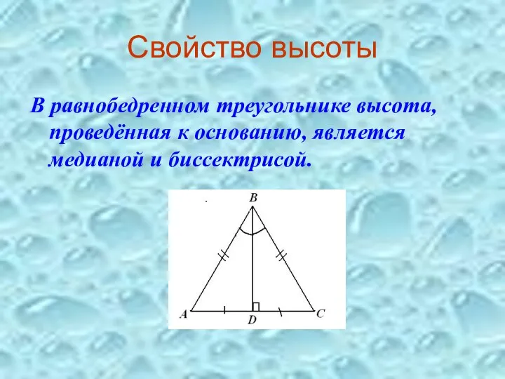 Свойство высоты В равнобедренном треугольнике высота, проведённая к основанию, является медианой и биссектрисой.