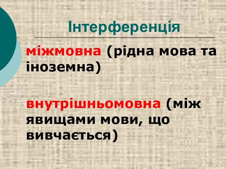 Інтерференція міжмовна (рідна мова та іноземна) внутрішньомовна (між явищами мови, що вивчається)