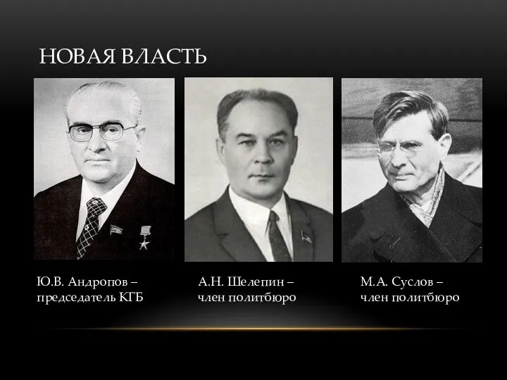 НОВАЯ ВЛАСТЬ Ю.В. Андропов – председатель КГБ М.А. Суслов –