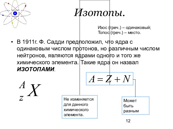 Изотопы. В 1911г. Ф. Садди предположил, что ядра с одинаковым