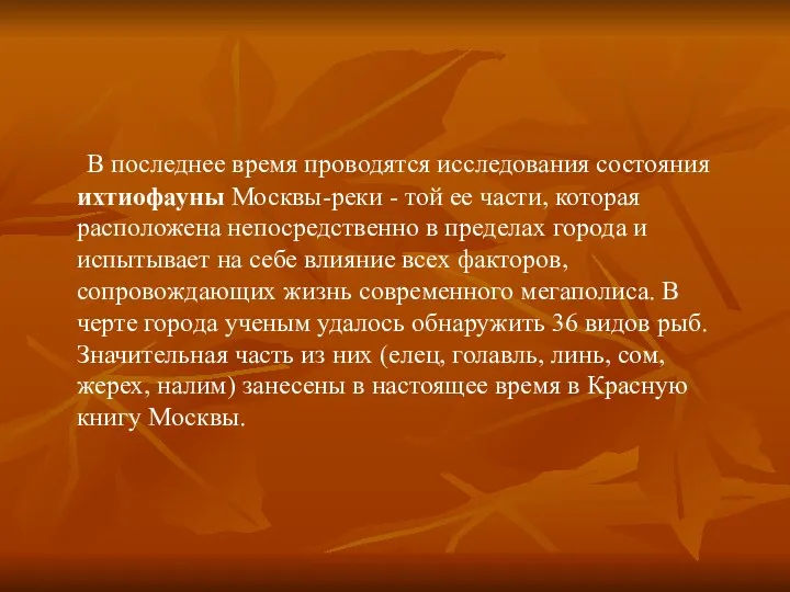 В последнее время проводятся исследования состояния ихтиофауны Москвы-реки - той