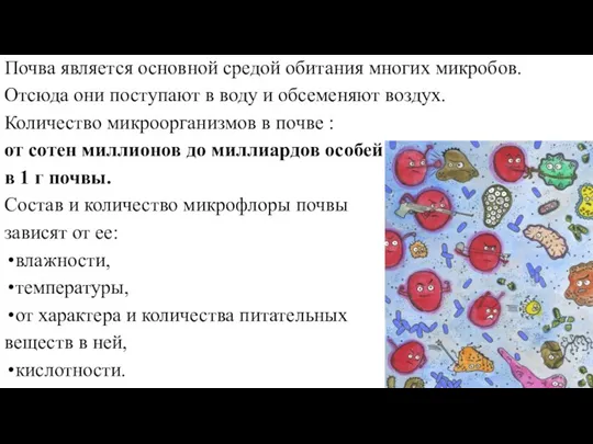 Почва является основной средой обитания многих микробов. Отсюда они поступают