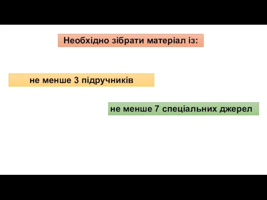 Необхідно зібрати матеріал із: не менше 7 спеціальних джерел не менше 3 підручників