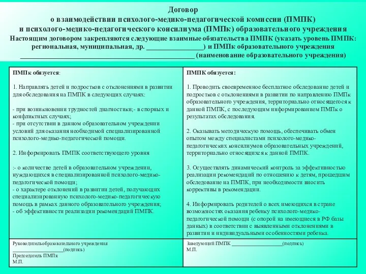 Договор о взаимодействии психолого-медико-педагогической комиссии (ПМПК) и психолого-медико-педагогического консилиума (ПМПк)