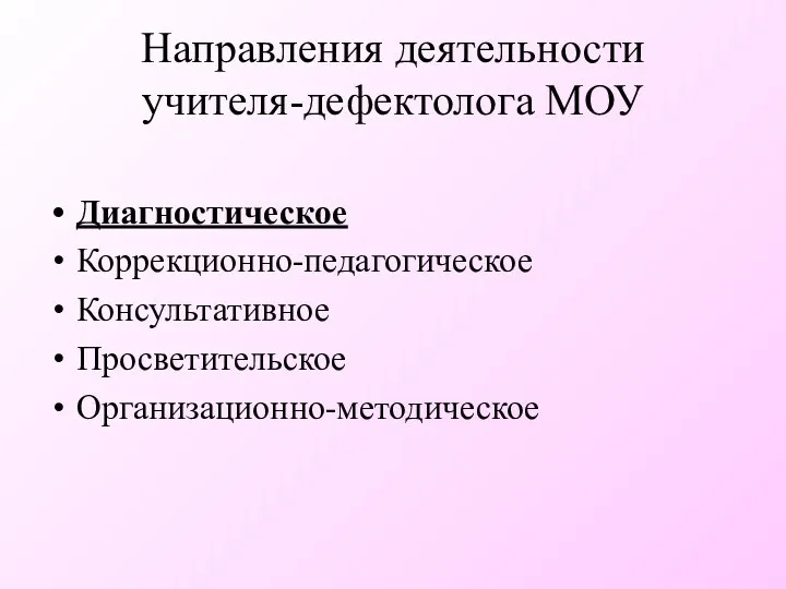 Направления деятельности учителя-дефектолога МОУ Диагностическое Коррекционно-педагогическое Консультативное Просветительское Организационно-методическое