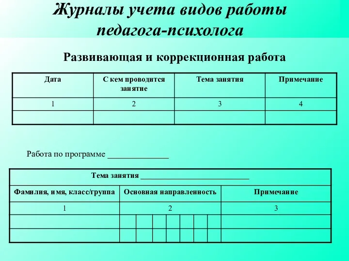 Журналы учета видов работы педагога-психолога Развивающая и коррекционная работа Работа по программе ______________