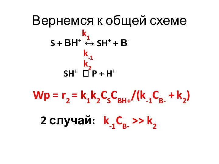 Вернемся к общей схеме k1 S + ВН+ ↔ SH+