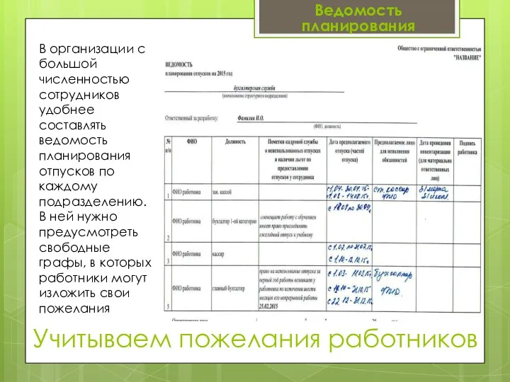 Учитываем пожелания работников Ведомость планирования В организации с большой численностью