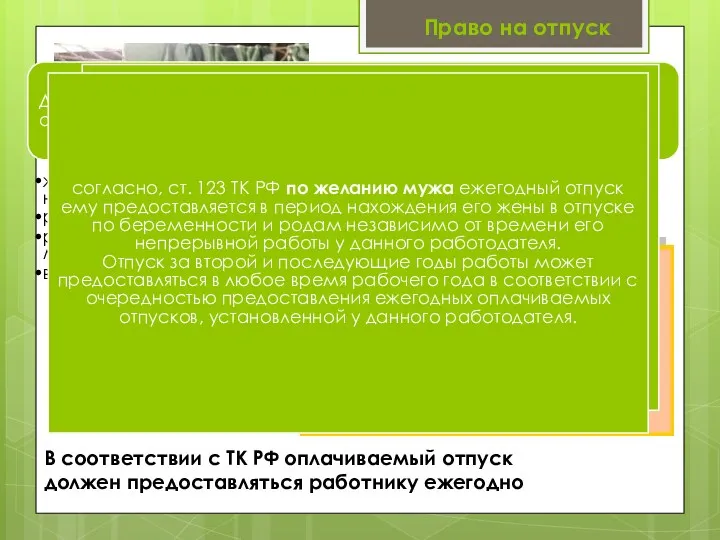 Право на отпуск В соответствии с ТК РФ оплачиваемый отпуск