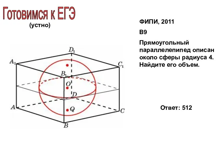 Готовимся к ЕГЭ ФИПИ, 2011 В9 Прямоугольный параллелепипед описан около сферы радиуса 4.