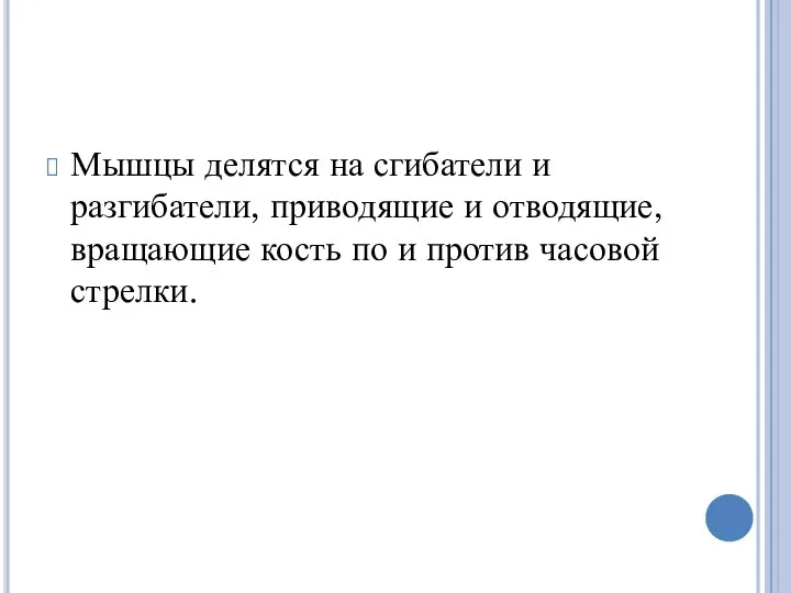 Мышцы делятся на сгибатели и разгибатели, приводящие и отводящие, вращающие кость по и против часовой стрелки.