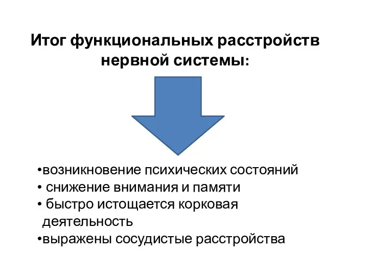 возникновение психических состояний снижение внимания и памяти быстро истощается корковая