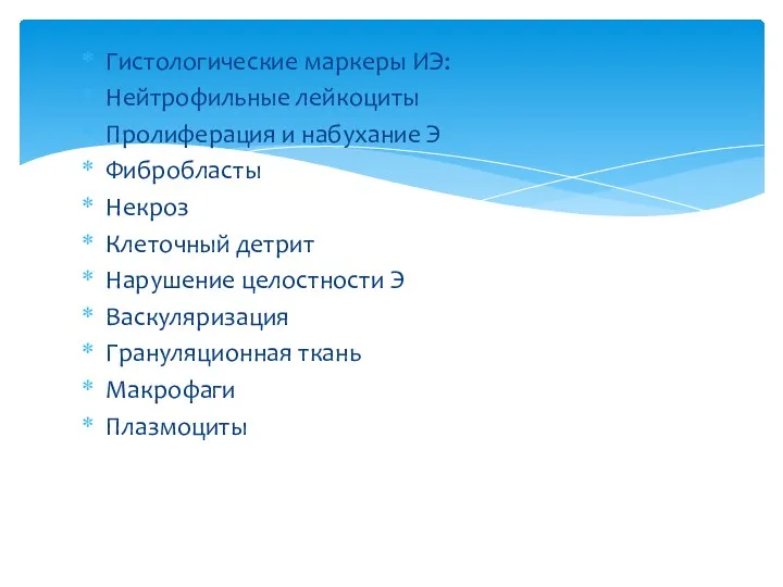 Гистологические маркеры ИЭ: Нейтрофильные лейкоциты Пролиферация и набухание Э Фибробласты Некроз Клеточный детрит