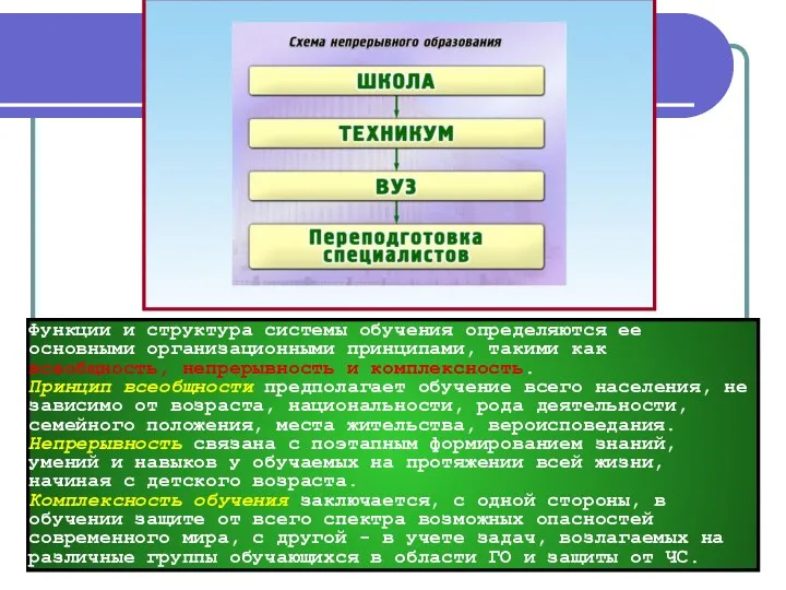 Функции и структура системы обучения определяются ее основными организационными принципами,