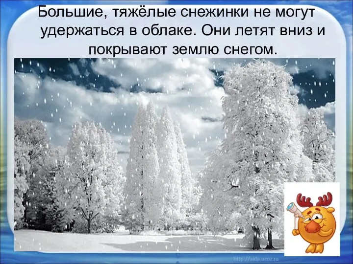 Большие, тяжёлые снежинки не могут удержаться в облаке. Они летят вниз и покрывают землю снегом. *