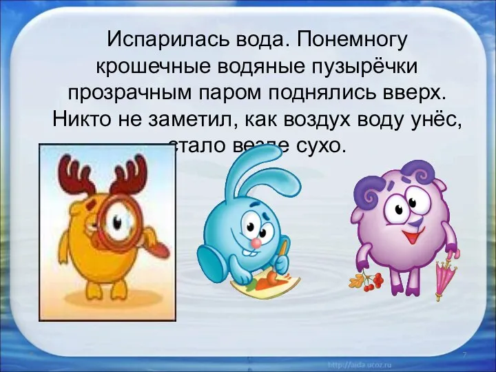 Испарилась вода. Понемногу крошечные водяные пузырёчки прозрачным паром поднялись вверх.