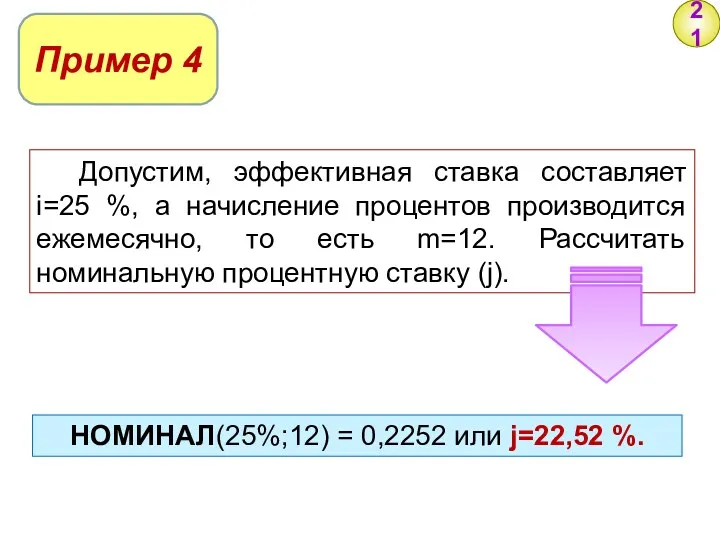 21 Пример 4 Допустим, эффективная ставка составляет i=25 %, а