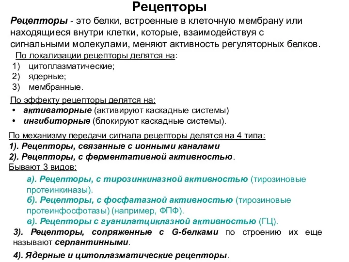 Рецепторы По эффекту рецепторы делятся на: активаторные (активируют каскадные системы)