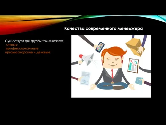 Качества современного менеджера Существует три группы таких качеств: личные профессиональные организаторские и деловые.