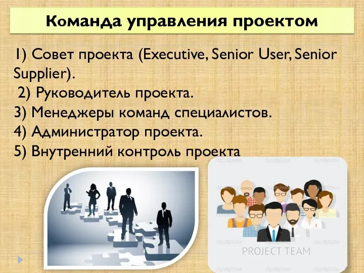 1) Совет проекта (Executive, Senior User, Senior Supplier). 2) Руководитель проекта. 3) Менеджеры