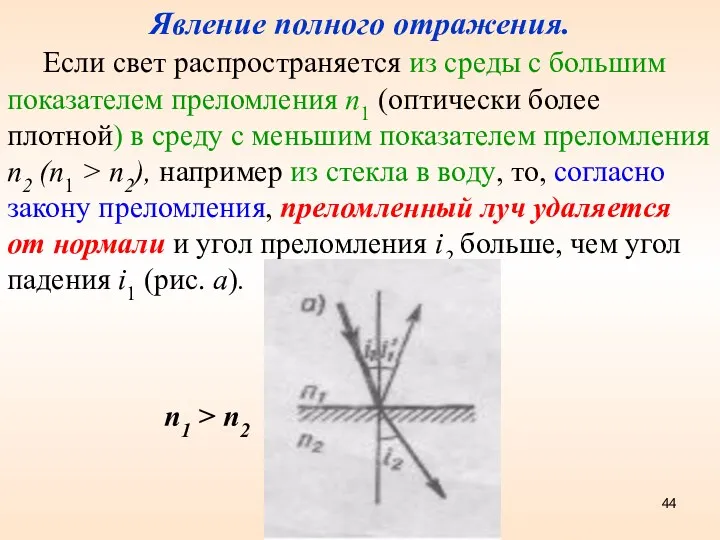 Явление полного отражения. Если свет распространяется из среды с большим