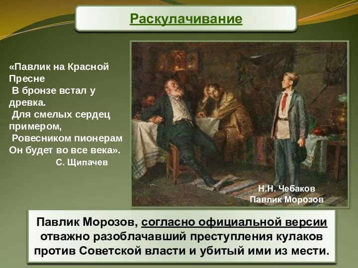 Павлик Морозов, согласно официальной версии отважно разоблачавший преступления кулаков против
