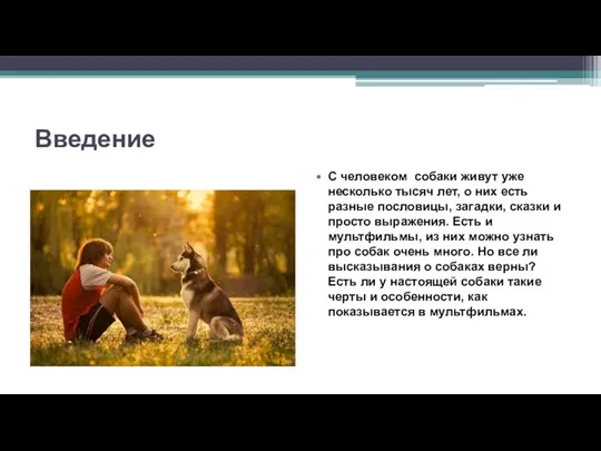 Введение С человеком собаки живут уже несколько тысяч лет, о них есть разные