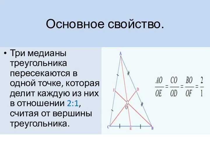 Основное свойство. Три медианы треугольника пересекаются в одной точке, которая